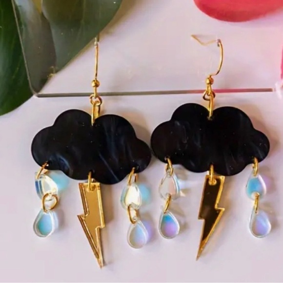 Little Black Storm Cloud Earrings Iridescent Raindrops Gold Lighting Bolt Dangle - Picture 4 of 4